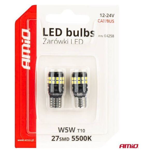 Żarówki LED CANBUS T10 W5W 27SMD 2016 White 12V 24V AMIO-04258
