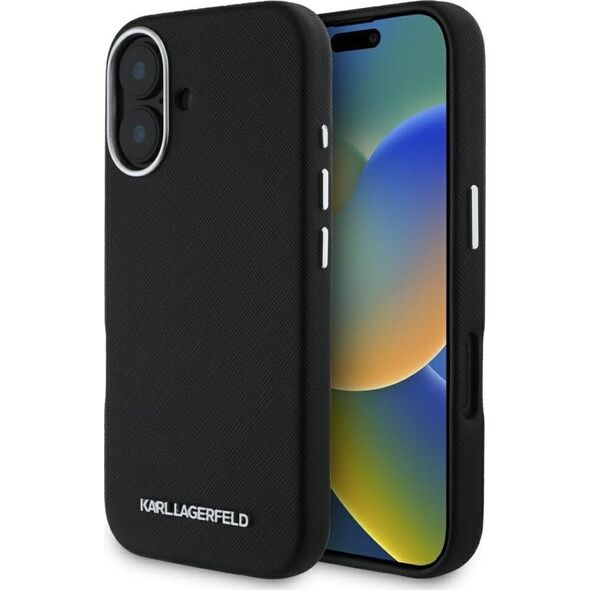 Karl Lagerfeld Saffiano Full Wrapped Elongated Metal Logo MagSafe Case for iPhone 16 Black