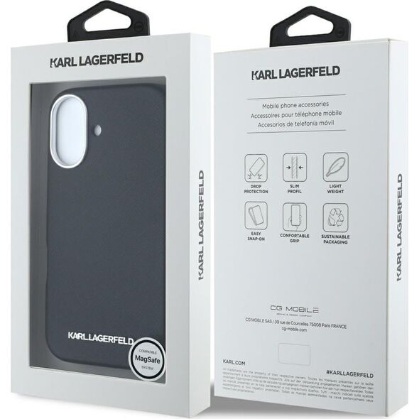 Karl Lagerfeld Saffiano Full Wrapped Elongated Metal Logo MagSafe Case for iPhone 16 Black