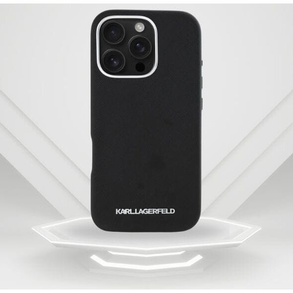 Karl Lagerfeld Saffiano Full Wrapped Elongated Metal Logo MagSafe Case for iPhone 16 Pro Black