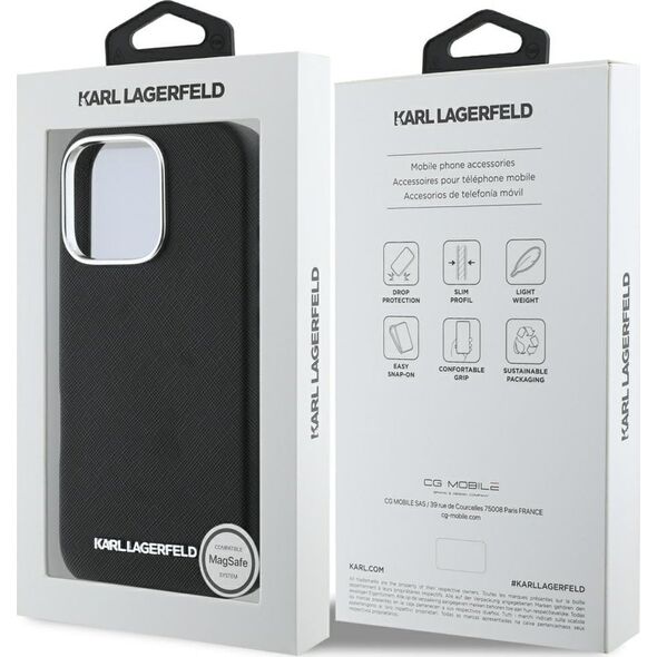 Karl Lagerfeld Saffiano Full Wrapped Elongated Metal Logo MagSafe Case for iPhone 16 Pro Black