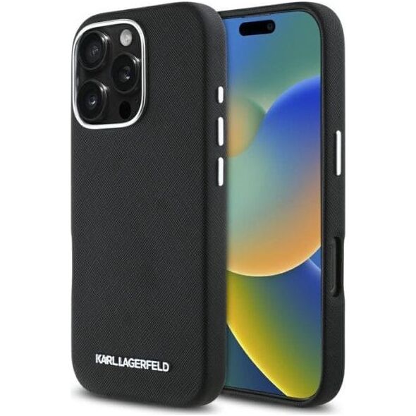 Karl Lagerfeld Saffiano Full Wrapped Elongated Metal Logo MagSafe Case for iPhone 16 Pro Black
