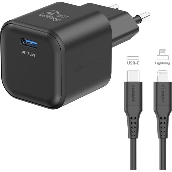 Φορτιστής Ταξιδιού Swissten GaN USB-C 35W PD + Καλώδιο Δεδομένων USB-C - Lightning 1.2m