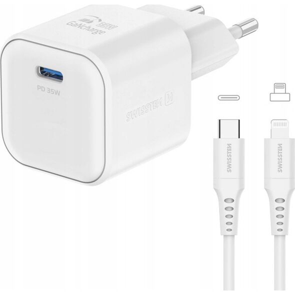 Φορτιστής Ταξιδιού Swissten GaN USB-C 35W PD + Καλώδιο Δεδομένων USB-C - Lightning 1.2m