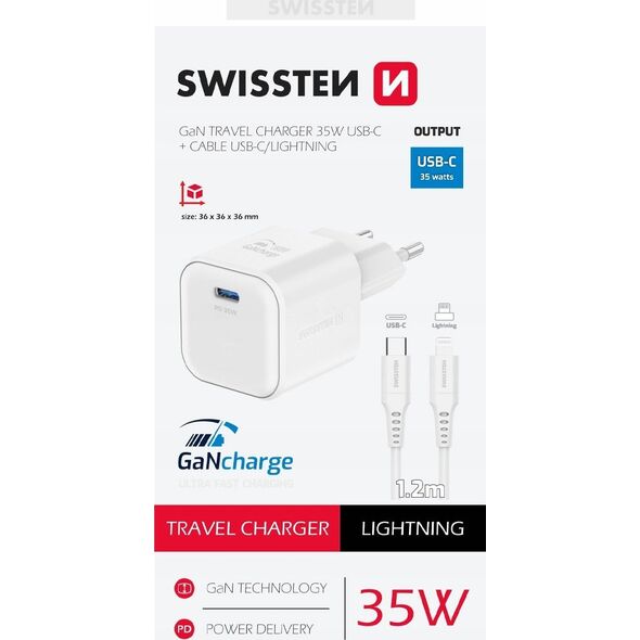 Φορτιστής Ταξιδιού Swissten GaN USB-C 35W PD + Καλώδιο Δεδομένων USB-C - Lightning 1.2m