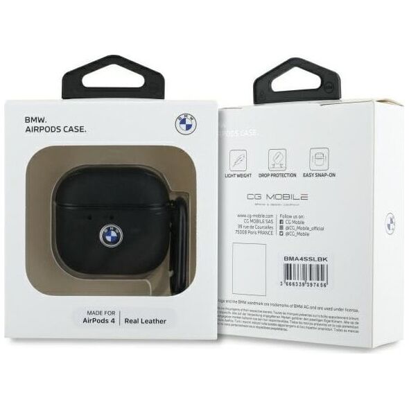 BMW BMA4SSLBK AirPods 4 cover            czarny/black Geniune Leather Silver Logo
