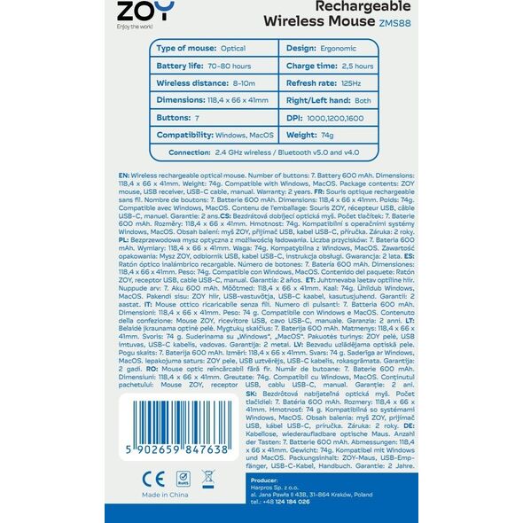 Mysz ZOY myszka bezprzewodowa ZMS88