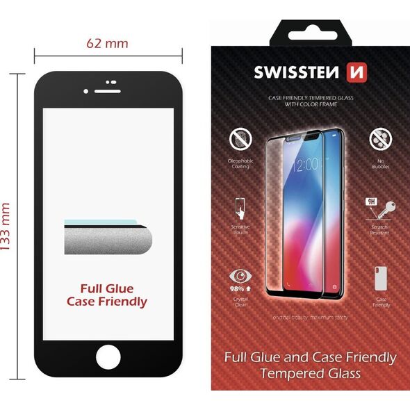 Ενισχυμένο προστατευτικό γυαλί Swissten, για Apple iPhone SE 2020, μαύρο, φιλικό προς τη θήκη και με χρωματιστό πλαίσιο
