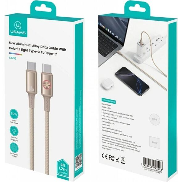 Καλώδιο USAMS Huan Series SJ752 60W USB-C σε USB-C 1,2 m τιτάνιο