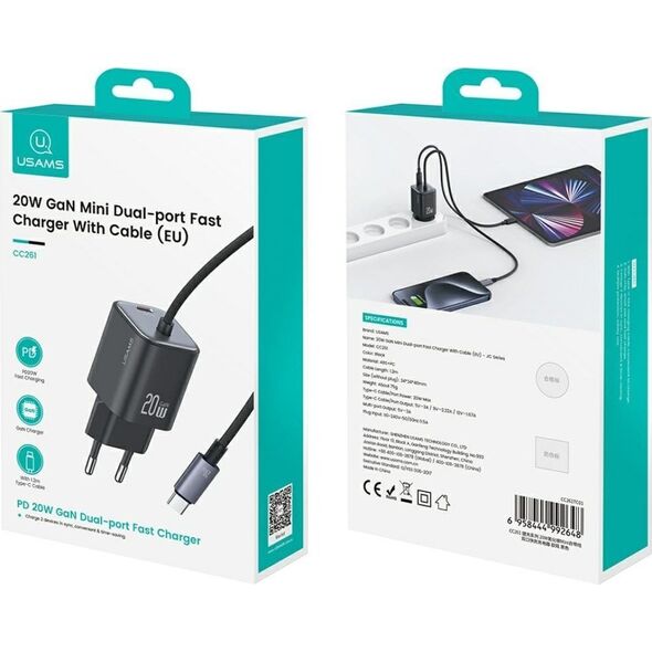 Φορτιστής τοίχου USAMS JC Series CC261 20W GaN Mini Fast Charger 2xUSB-C λευκό