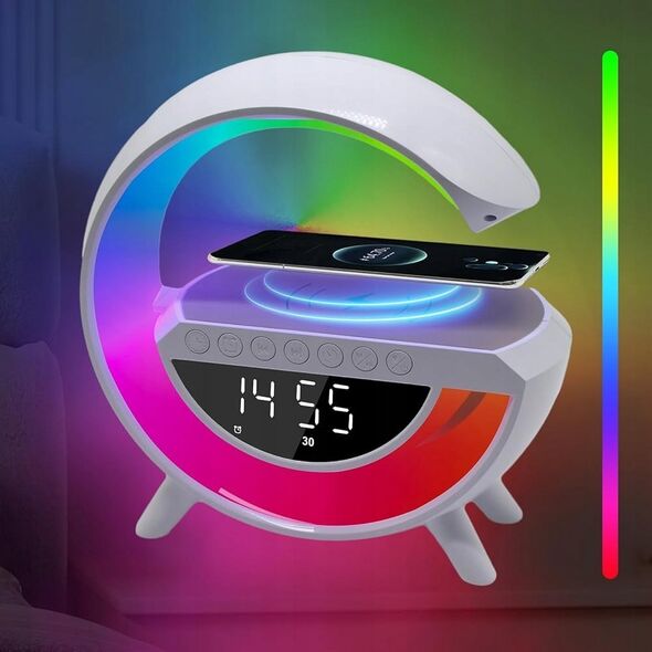 Έξυπνη λάμπα LED RGB με ασύρματο φορτιστή, οθόνη LCD, ηχείο Bluetooth, ραδιόφωνο FM, USB, TF, AUX, ρολόι, ξυπνητήρι, μπαταρία