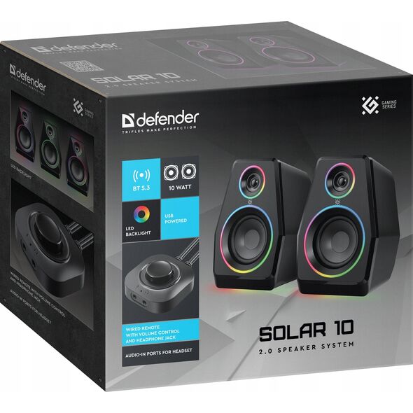 Defender g�o�niki Solar 10, 2.0, 10W, czarne, Bluetooth 5.3/AUX