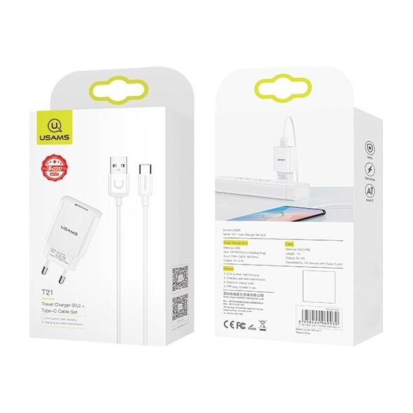 USAMS Wall Charger 1xUSB T21 USB-C white 2,1A Fast Charging T21OCTC01