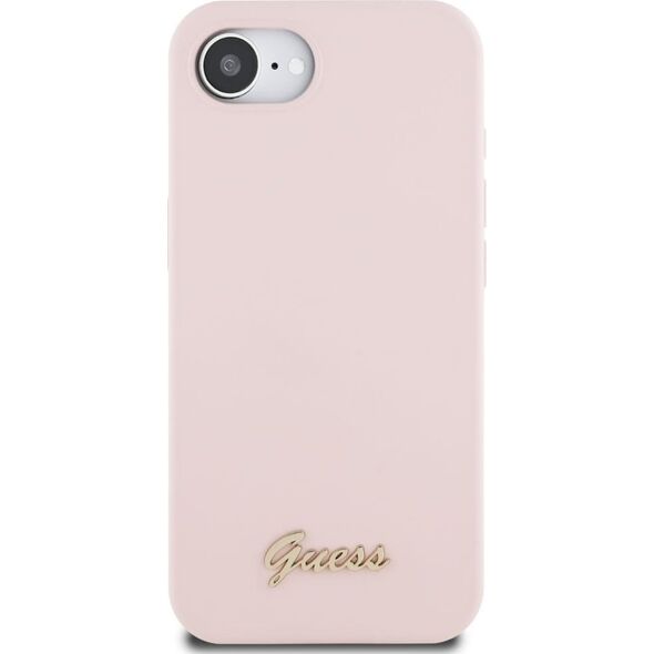 Etui Guess Silicone Script Metal Logo    MagSafe do iPhone 16e różowy