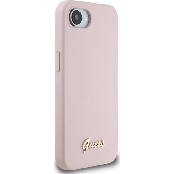 Etui Guess Silicone Script Metal Logo    MagSafe do iPhone 16e różowy