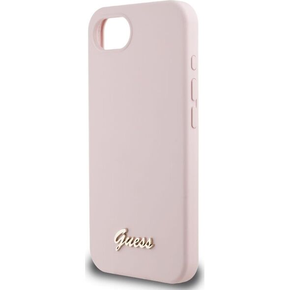 Etui Guess Silicone Script Metal Logo    MagSafe do iPhone 16e różowy