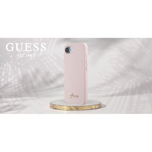 Etui Guess Silicone Script Metal Logo    MagSafe do iPhone 16e różowy