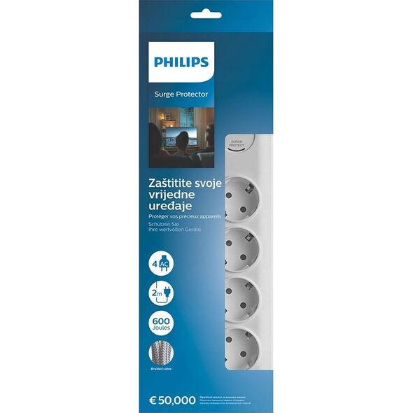 PRZEDŁUŻACZ SIECIOWY PHILIPS LISTWA ZASILAJĄCA BIAŁA 4 GNIAZDA SCHUKO 2M SPN7040WA/58