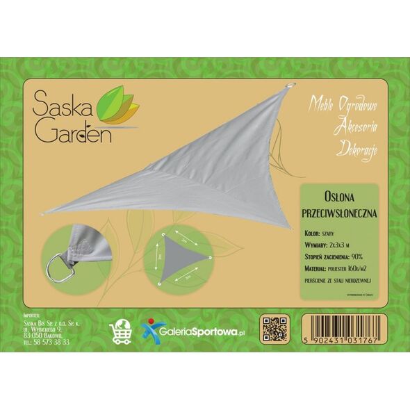 Saska Garden Żagiel przeciwsłoneczny ogrodowy trójkątny 3x3x2m szary