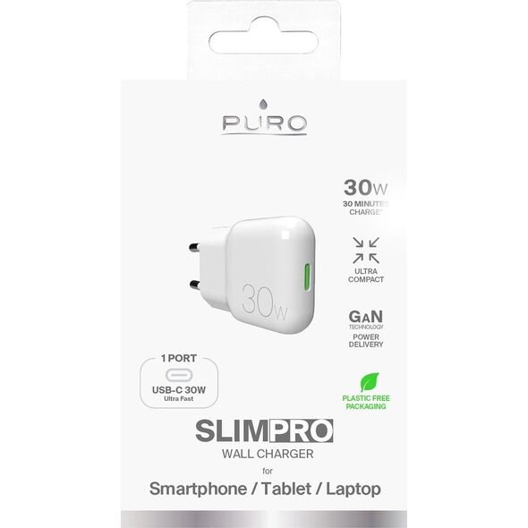 Φορτιστής τοίχου GaN Puro SLIMPRO 30W USB-C - λευκός