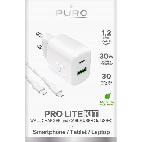 Φορτιστής τοίχου Puro PROLITE 30W USB-A / USB-C + καλώδιο USB-C - USB-C 1.2m - λευκός