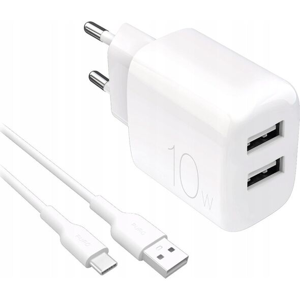 Φορτιστής τοίχου Puro PROLITE 10W 2x USB-A + καλώδιο USB-A - USB-C 1.2m - λευκή