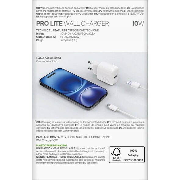 Φορτιστής τοίχου Puro PROLITE 10W USB-A - λευκός