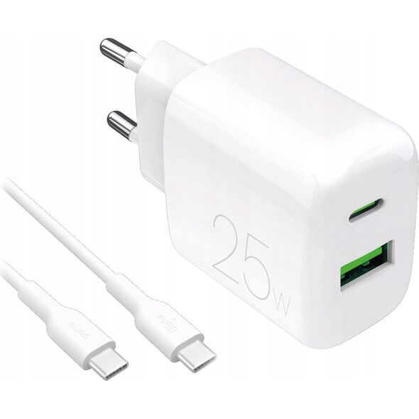 Φορτιστής τοίχου Puro PROLITE 25W USB-A / USB-C + καλώδιο USB-C - USB-C 1.2m - λευκός