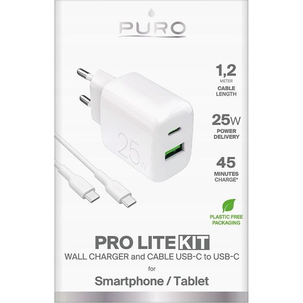 Φορτιστής τοίχου Puro PROLITE 25W USB-A / USB-C + καλώδιο USB-C - USB-C 1.2m - λευκός