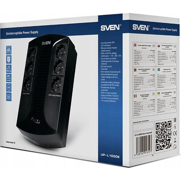 Αδιάλειπτη παροχή ρεύματος UPS Sven UP-L1000E, ~230V, 510W, 6 υποδοχές euro, μαύρο