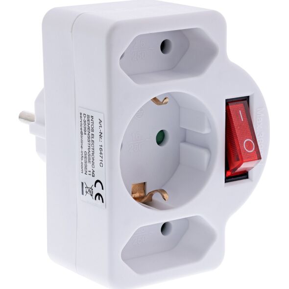 Προσαρμογέας πρίζας InLine®, βύσμα SK σε 2xEuro+1x SK, με διακόπτη, λευκό
