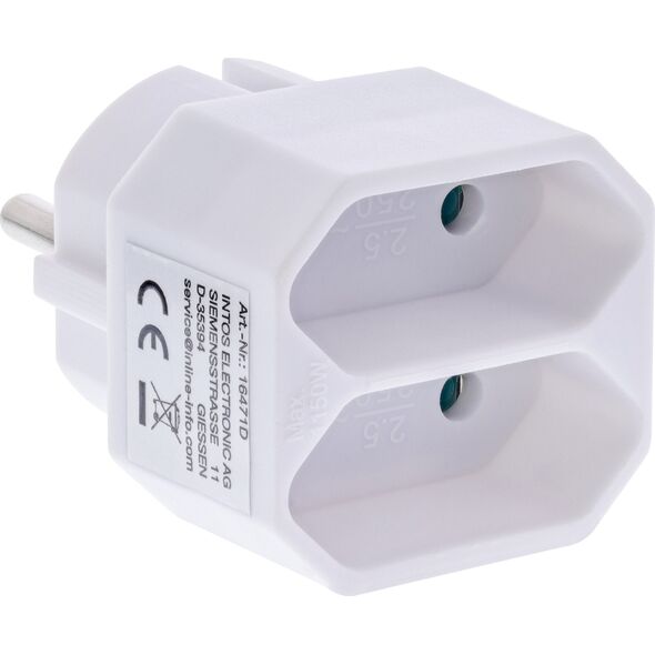 Προσαρμογέας πρίζας InLine®, βύσμα Schuko σε 2x υποδοχή Euro, λευκό