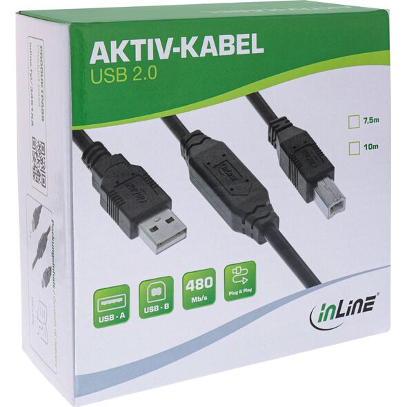 InLine® USB 2.0 Ενεργό Καλώδιο, USB-A Αρσενικό σε USB-B Αρσενικό, 10m