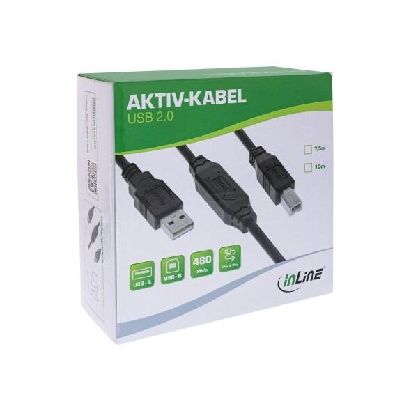 Ενεργό καλώδιο InLine® USB 2.0, USB-A αρσενικό σε USB-B αρσενικό, 7,5m