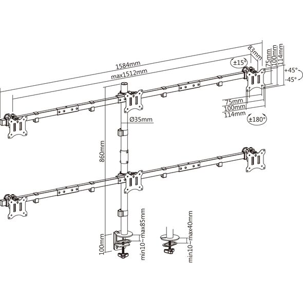 InLine® Επιτραπέζια βάση, για 6x LCD-/LED-οθόνη έως 81cm (32"), μέγιστο βάρος 7kg