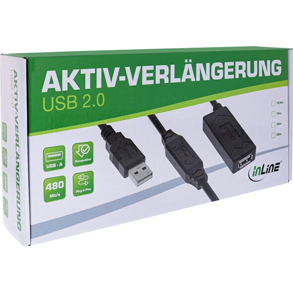 Ενεργό καλώδιο επέκτασης USB 2.0 InLine®, USB-A αρσενικό/θηλυκό, 15m