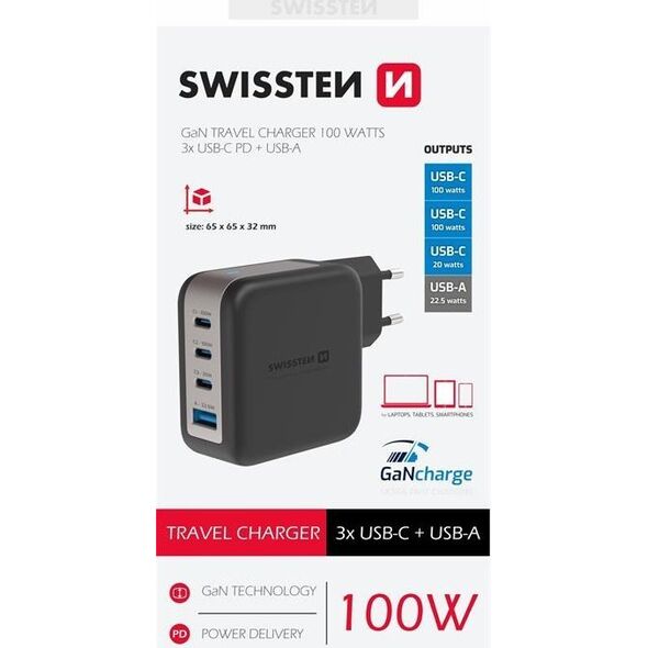 Swissten Travel Charger GaN 3x USB-C PD 100W / USB-A 18W QC