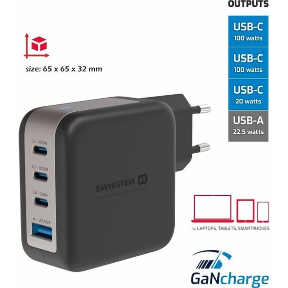 Swissten Travel Charger GaN 3x USB-C PD 100W / USB-A 18W QC