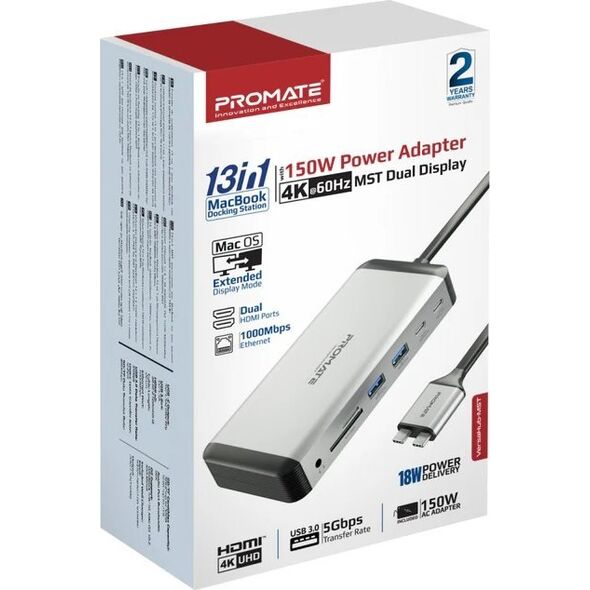 PROMATE VersaHub-MST 13-in-1 Dual USB-C Multimedia Hub / Dual 4K HDMI / USB3.0 / 150W
