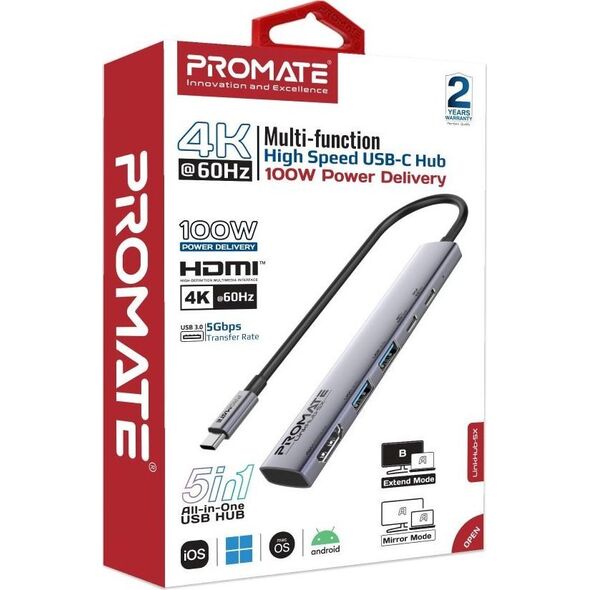 Promate LinkHub-5X Hub HDMI 4K@60Hz / USB-C PD100W