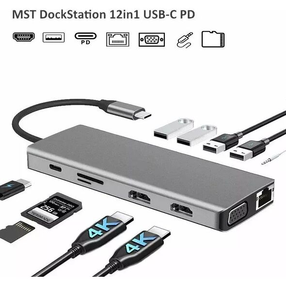 RoGer MST Dock Station 12in1 Lite USB-C to 2x HDMI / 4x USB3.0 / SD/TF / VGA / LAN