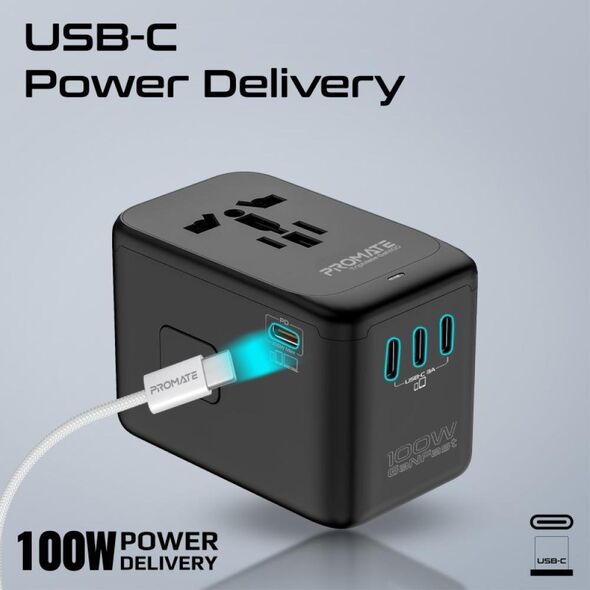 Promate TripMate-GaN100 GaNFast™ Multi-Port Wall Charger 100W / EU/US/UK/AU
