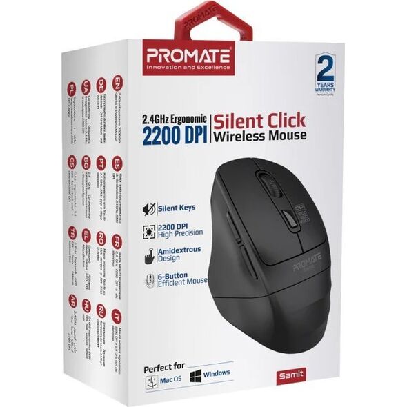 Promate Samit Silent Click Ergonomic Wireless Mouse 2.4GHz / 2200 DPI