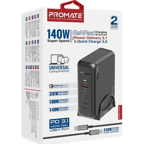 Promate GaNPort-140W GaNFast™ Charging station 140W / USB-C PD 3.1 / QC3.0