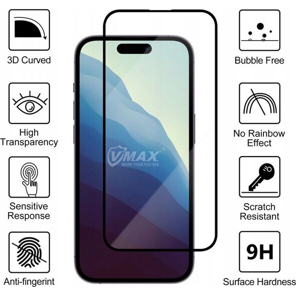 Vmax 9D Full Face Tempered Glass for Apple iPhone 16 Plus