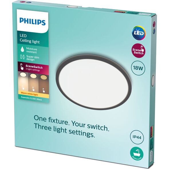 Surface LED light PHILIPS SUPERSLIM, IP44, 18 W, 2700 K, 1500 lm, dimmable, black, O29 cm