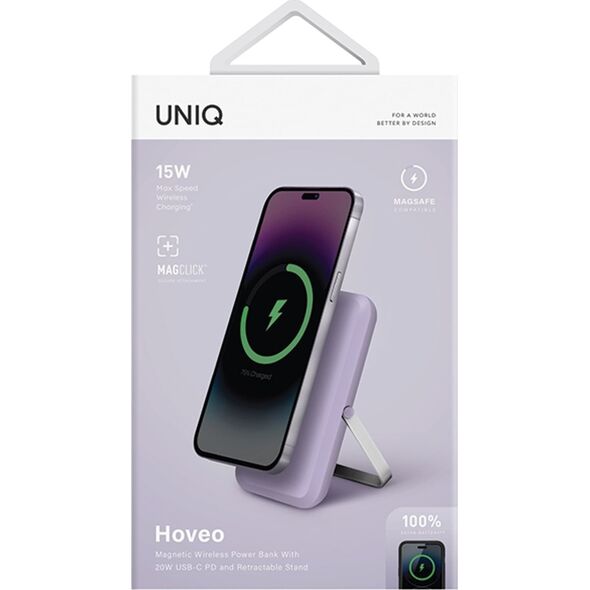 UNIQ Powerbank Hoveo 5000mAh USB-C 20WPD Fast charge Wireless Magnetic liliowy/lilac lavender