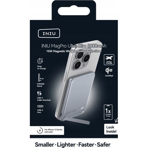INIU Powerbank MagPro Slim - magnetyczny powerbank bezprzewodowy 5000mAh srebrny - Gwarancja bezpieczeństwa. Proste raty. Bezpłatna wysyłka od 170 zł.
