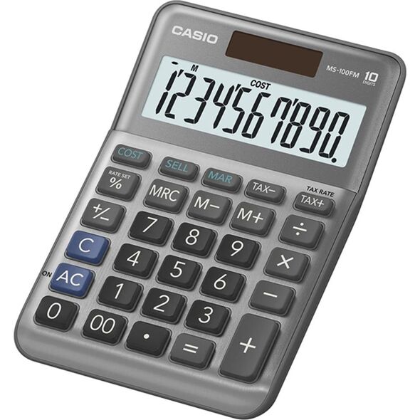 Casio Kalkulator MS 100 FM, srebrna, stołowy, funkcja konwersji walut, %, VAT