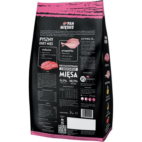 Pan Mięsko Karma sucha dla psa Cielęcina z przepiórką (szczeniak) chrupki XS 3kg